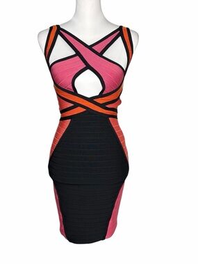 paparazzi Pink, Orange & Black Bandage Midi Dress Size S